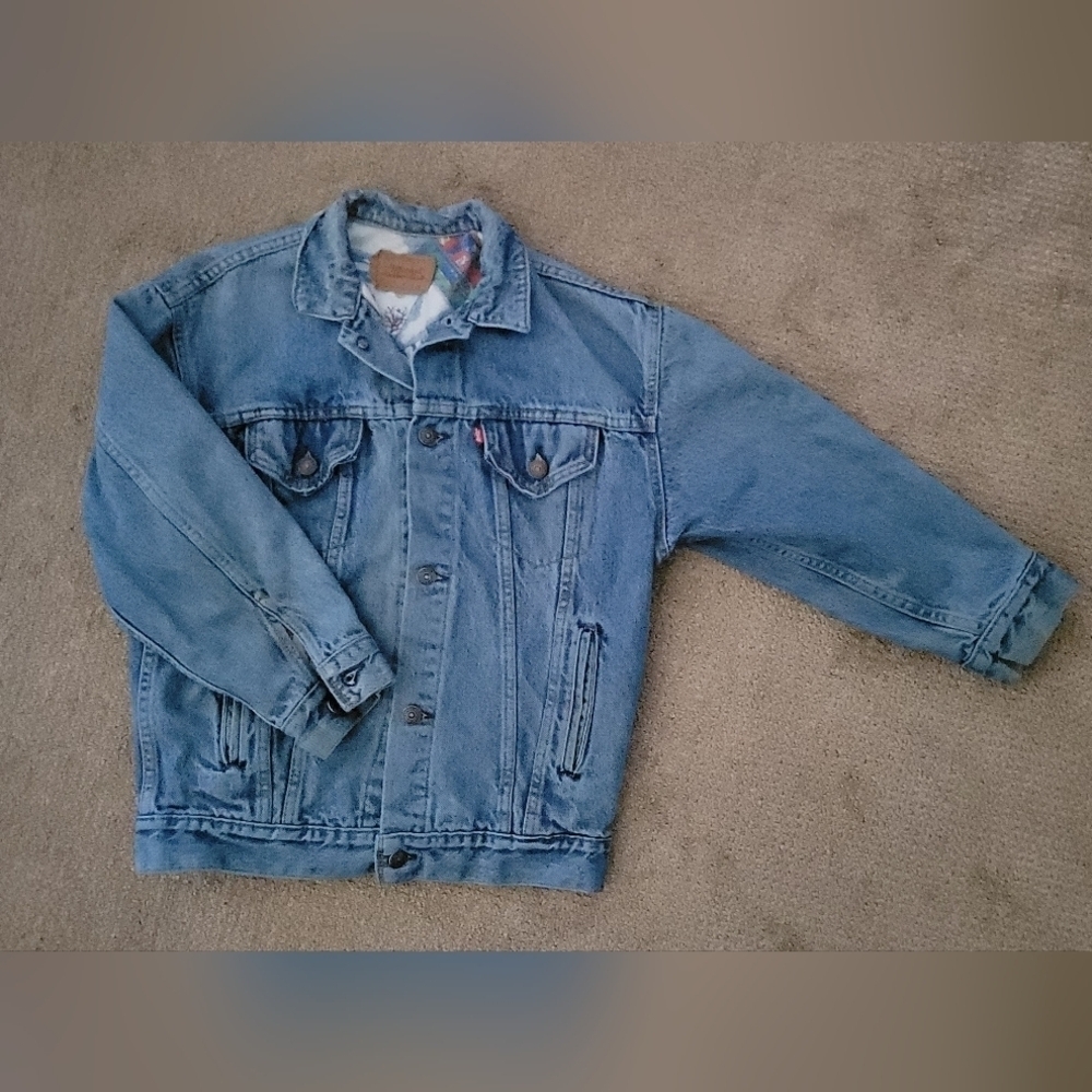 Vintage Unisex Levi's Blue Denim Trucker Jacket Cowboy Print Longing Rare Item - Picture 1 of 9